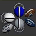 Silver And Blue Football Helmets With Star Logo And Brown Sports Balls