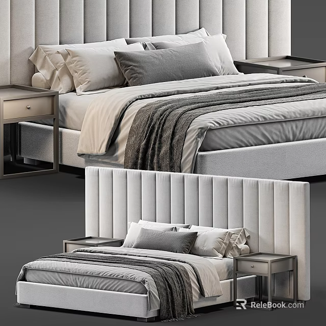 Modern Double Bed With Soft Upholstered Headboard Nightstands Gray Pillows And Beige Throw Blanket 3d model 