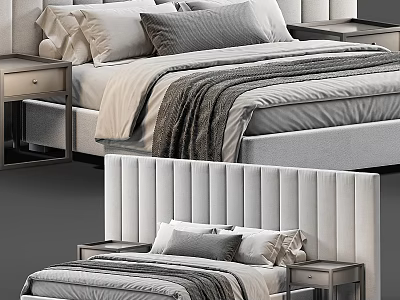 Modern Double Bed With Soft Upholstered Headboard Nightstands Gray Pillows And Beige Throw Blanket 3d model