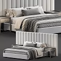 Modern Double Bed With Soft Upholstered Headboard Nightstands Gray Pillows And Beige Throw Blanket