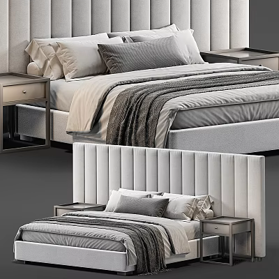 Modern Double Bed With Soft Upholstered Headboard Nightstands Gray Pillows And Beige Throw Blanket 3d model