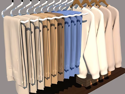 Long Sleeve Clothes In Assorted Colors Hanging On White And Brown Hangers 3d model