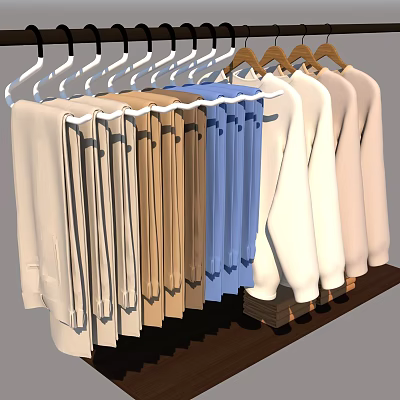 Long Sleeve Clothes In Assorted Colors Hanging On White And Brown Hangers 3d model