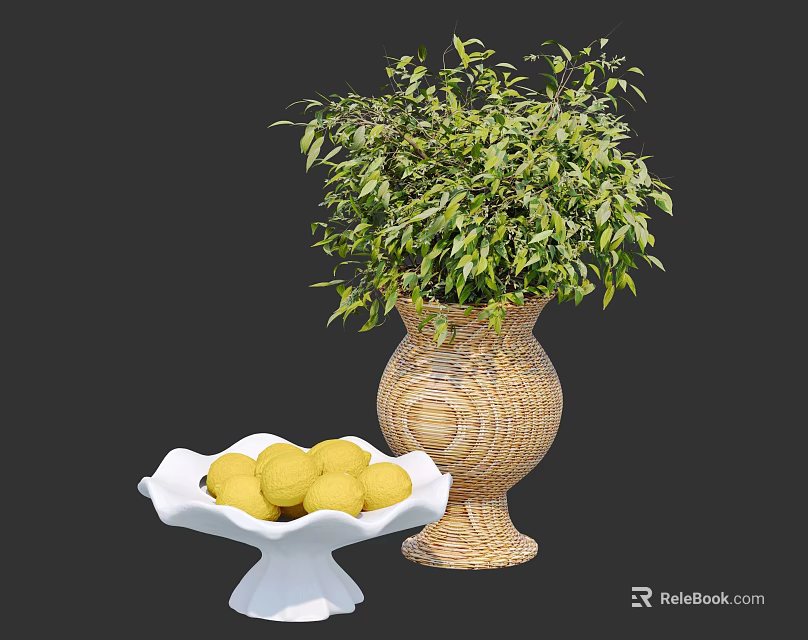 Decorative Ornament Set with Woven Vase Green Plant White Bowl and Yellow Lemons 3d model 