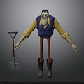 Cartoon Farmer Character Figure With Yellow Shirt Blue Vest Red Pants Brown Boots And Shovel
