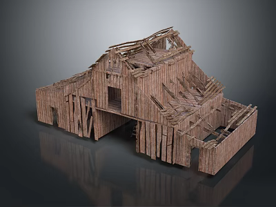 Old Dilapidated Wooden Barn With Exposed Roof Structure And Plank Walls 3d model