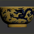 Traditional Yellow Bowl With Blue Dragon Patterns For Daily Household Use