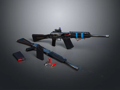 Black And Blue Rifles With Magazine And Bullets On 3d model