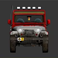 Classic White and Red Off-Road Jeep with Roof Lights Muddy Tires and Yellow Emblem