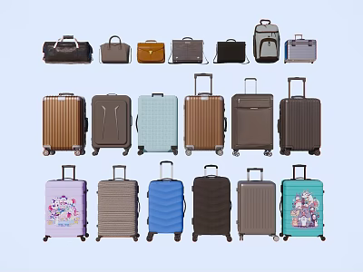Assorted Luggage and Bags Collection Including Rolling Suitcases and Handbags in Multiple Colors 3d model