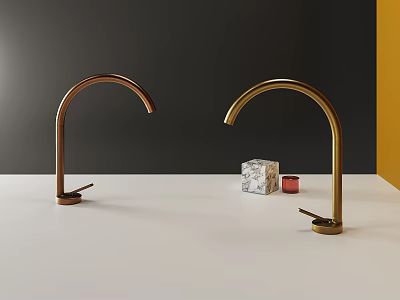 Brass and Gold Faucets on White Countertop with Dark Gray Yellow Wall and Marble Cube 3d model