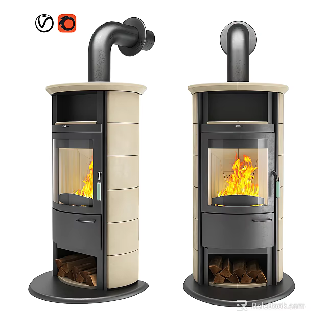 Modern Freestanding Fireplace With Glass Door Burning Fire Wood Logs And Beige Black Finish 3d model 