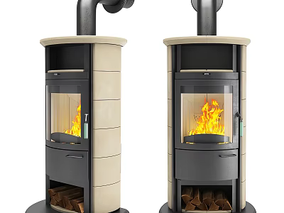 Modern Freestanding Fireplace With Glass Door Burning Fire Wood Logs And Beige Black Finish 3d model