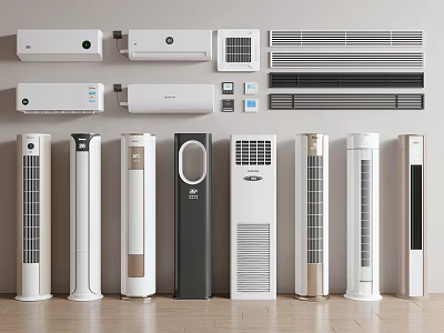 Various Air Conditioner Fans Including Wall Mounted and Floor Standing Models 3d model