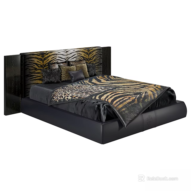 Double Bed with Zebra Print Headboard Leopard Print Blanket and Black Frame 3d model 