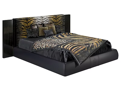 Double Bed with Zebra Print Headboard Leopard Print Blanket and Black Frame 3d model