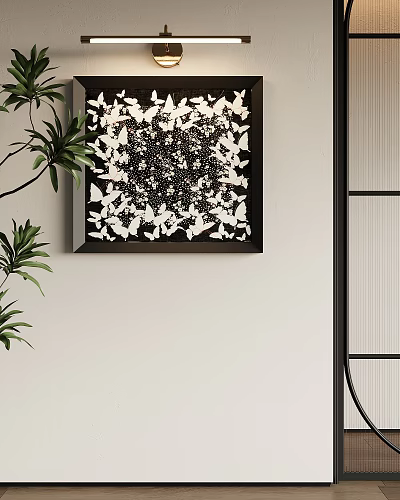 Abstract Painting with White Butterflies on Black Background Wall Art Decor 3d model