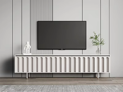 Modern White TV Stand with TV Decorative Figurine Green Plant and Vertical Striped Wall 3d model