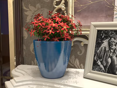 Potted Plant with Red Flowers in Blue Pot on Decorative Table with Picture Frame 3d model