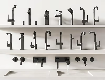 Various Black Bathroom Faucets With Unique Designs Displayed On Shelf And Sinks 3d model