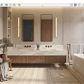 Modern Bathroom Interior With Double Vanity Wooden Cabinets Marble Countertop Mirrors Bathtub And Natural Light