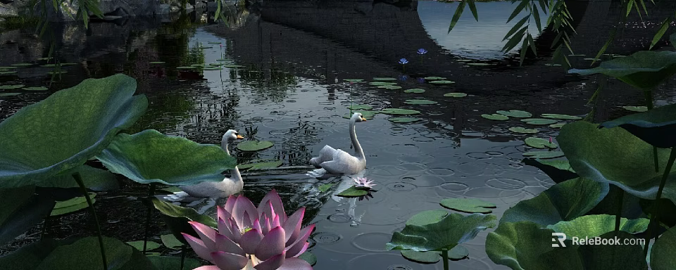 Serene Pond Landscape with White Swans Lotus Flowers and Floating Leaves 3d model 