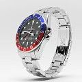 Luxury Silver Metal Watch With Black Dial And Red Blue Bezel Design