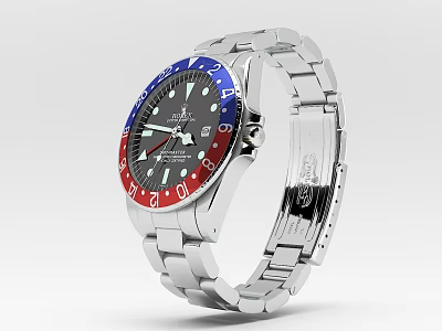 Luxury Silver Metal Watch With Black Dial And Red Blue Bezel Design 3d model