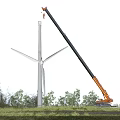 Industrial Equipment Orange Mobile Crane Installing Wind Turbine in Outdoor Grassland Under Blue Sky