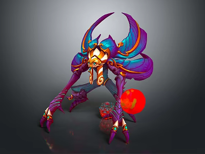 Game Fantasy Creature Character with Purple Blue Wings Orange Accents Glowing Red Orb 3d model