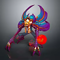 Game Fantasy Creature Character with Purple Blue Wings Orange Accents Glowing Red Orb