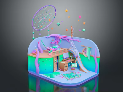 Whimsical Kids Room Interior With Dreamcatcher Swing Slide And Colorful Desk 3d model
