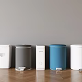 Public Facilities Featuring Colorful Pedal Bins Arranged in Row on Wooden Floor With Gray Wall