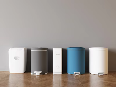 Public Facilities Featuring Colorful Pedal Bins Arranged in Row on Wooden Floor With Gray Wall 3d model