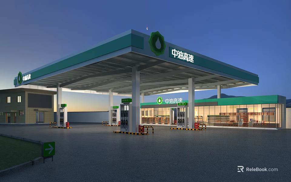 Modern Gas Station Exterior Design With Green Canopy Fuel Pumps And Convenience Store 3d model 