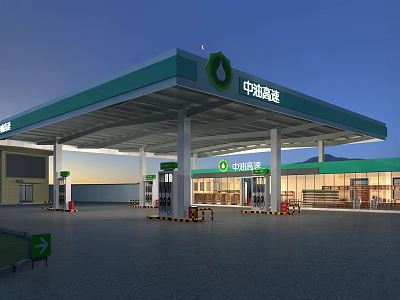Modern Gas Station Exterior Design With Green Canopy Fuel Pumps And Convenience Store 3d model
