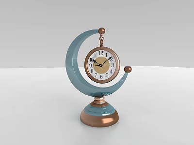 Decorative Tabletop Clock with Blue Crescent Stand and Copper Base Design 3d model