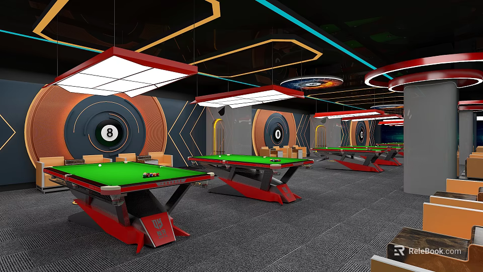 Modern Billiard Room With Green Felt Tables Red Legs 8 Ball Decor And LED Lights 3d model 