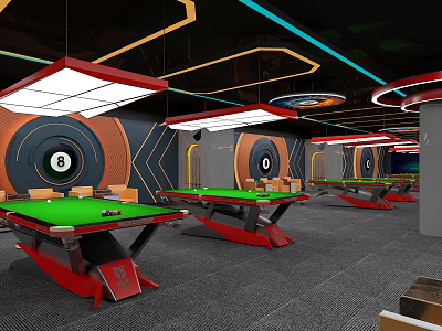 Modern Billiard Room With Green Felt Tables Red Legs 8 Ball Decor And LED Lights 3d model