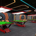 Modern Billiard Room With Green Felt Tables Red Legs 8 Ball Decor And LED Lights