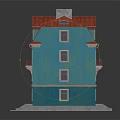 Multi Story Residential Building With Blue Exterior Red Roof Balconies Red Door Lawn And Steps