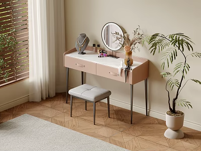 Pink Dressing Table With Round Mirror Stool Cosmetics And Potted Plant On Wooden Floor 3d model