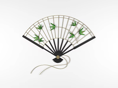 Fan Shaped Decorative Wall Hanging with Green Bamboo Leaves Black Ribs Metal Frame and Tassel 3d model