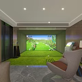 Modern Indoor Golf Fitness Training Space With Simulator Screen And Green Turf