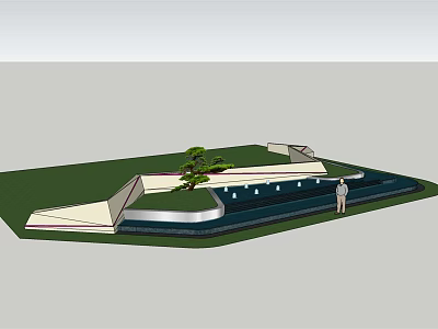 Modern Entrance Gate Design With Green Grass Water Pool And Small Tree 3d model