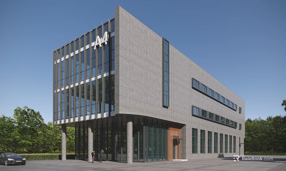 Modern Office Building Featuring Gray Facade Glass Curtain Walls A4 Logo Columns and Green Trees 3d model 