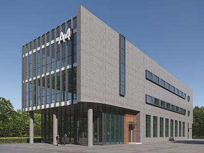 Modern Office Building Featuring Gray Facade Glass Curtain Walls A4 Logo Columns and Green Trees 3d model