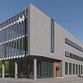 Modern Office Building Featuring Gray Facade Glass Curtain Walls A4 Logo Columns and Green Trees