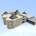 Modern School Building With Multiple Pyramidal Roofs Yellow Beige Exterior And Courtyard Structure 3d model