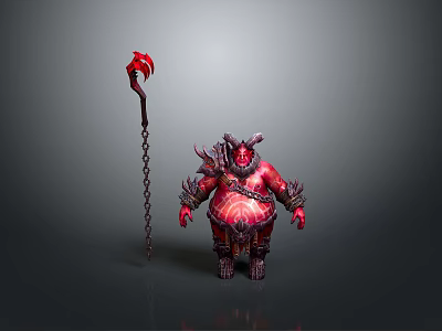 Red Horned Demon Creature With Spiked Armor And Chain Staff Weapon 3d model